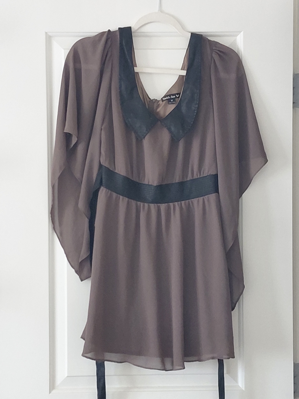 Flowy Taupe Blouse with Black Trim - Women's Top